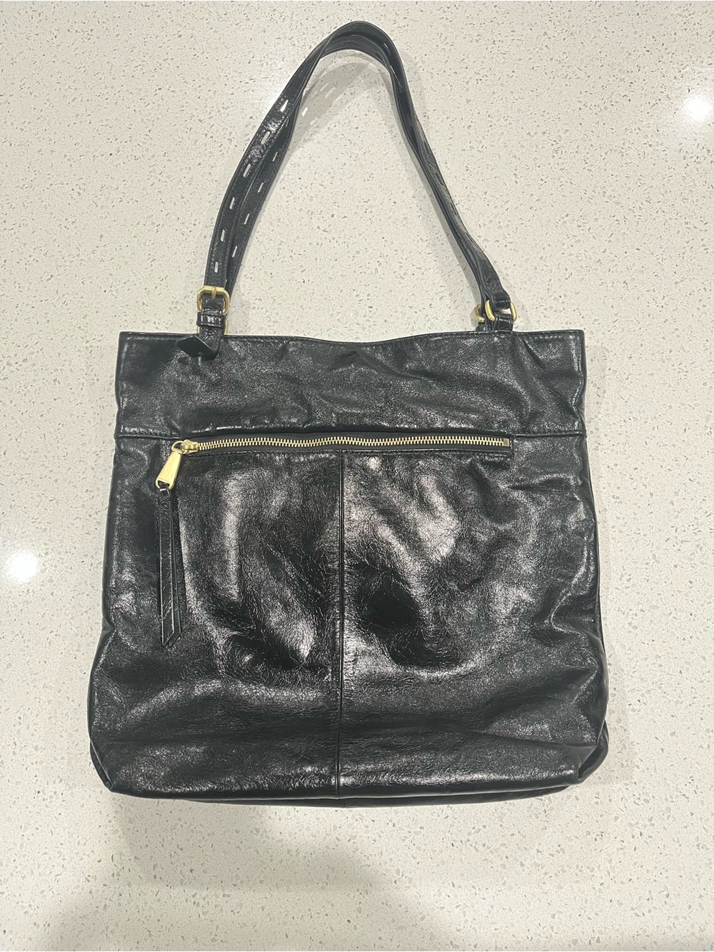 Large Polished Black Leather Hobo Shoulder Bag W/Brushed Antique Brass Hardware